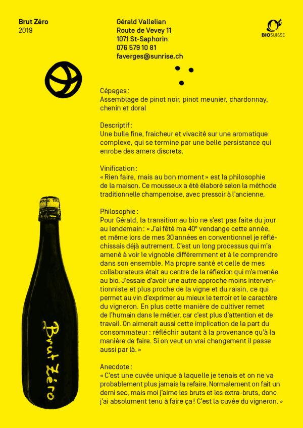 Brut zéro 2019 - Gérald Vallelian - Pinot Noir, Meunier, Chardonnay, Chenin, Doral - Vin bio, biodynamique et naturel