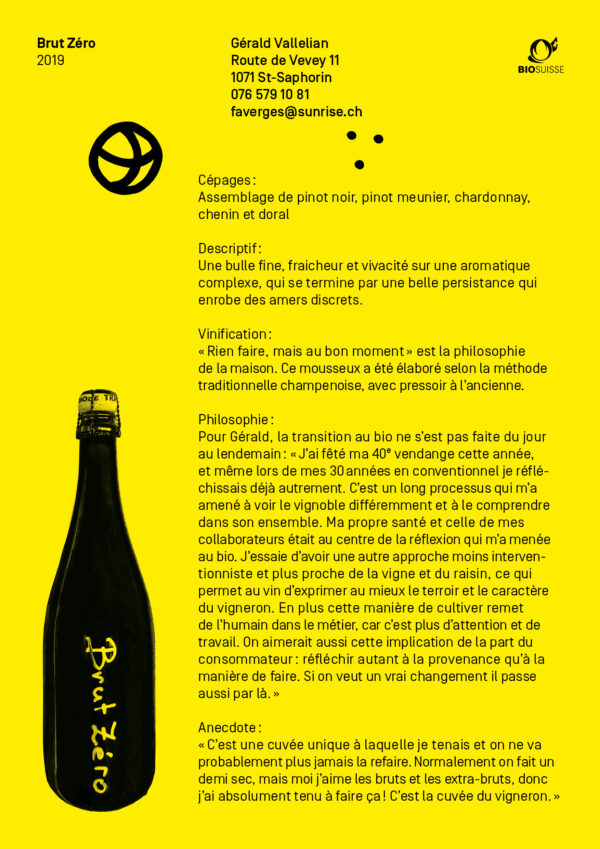 Brut zéro 2019 - Gérald Vallelian - Pinot Noir, Meunier, Chardonnay, Chenin, Doral - Vin bio, biodynamique et naturel Brut zéro 2019 - Gérald Vallelian - Pinot Noir, Meunier, Chardonnay, Chenin, Doral - Vin bio, biodynamique et naturel