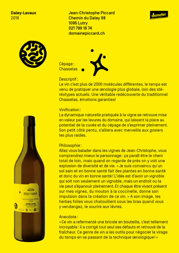 Daley-Lavaux 2018 - Daley - Jean-Christophe Piccard - Chasselas - Vin bio, biodynamique et naturel Daley-Lavaux 2018 - Daley - Jean-Christophe Piccard - Chasselas - Vin bio, biodynamique et naturel