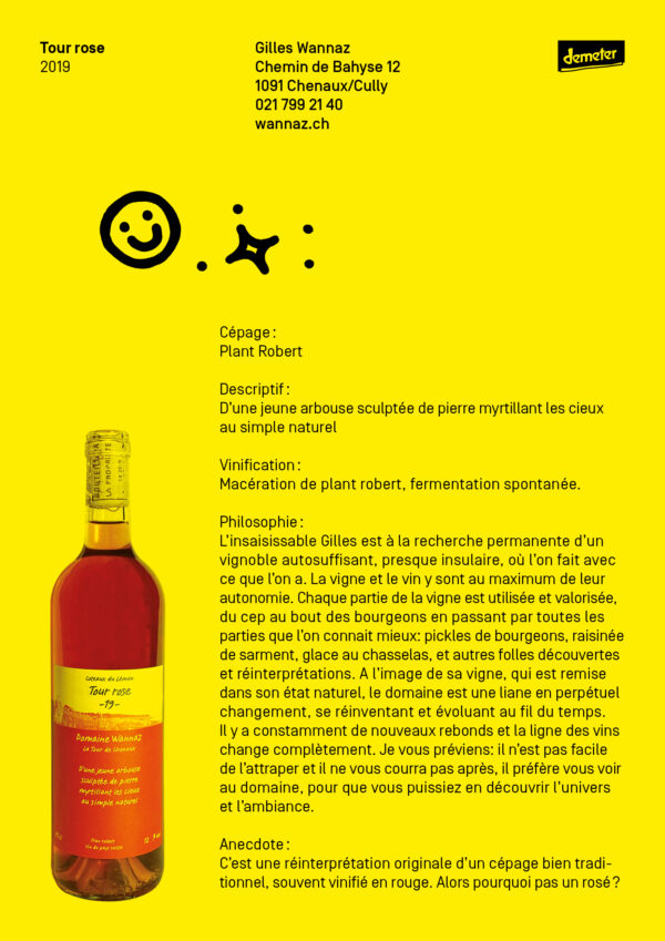 Tour Rose 2019 - Vin du pays Suisse - Gilles Wannaz - Plant Robert - Vin bio, biodynamique et naturel Tour Rose 2019 - Vin du pays Suisse - Gilles Wannaz - Plant Robert - Vin bio, biodynamique et naturel